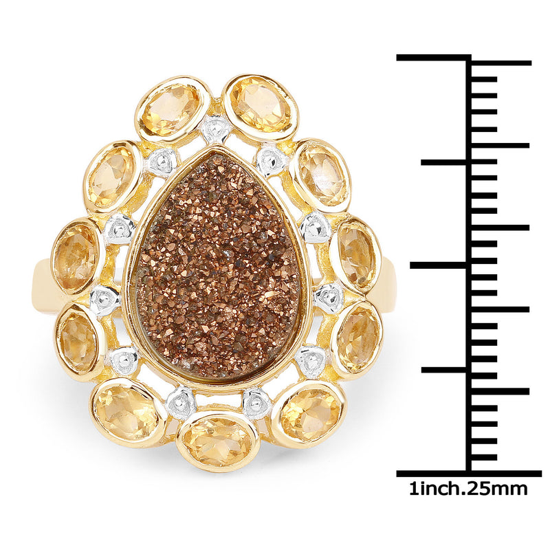 5.14 Carat Genuine Bronze Drusy and Citrine .925 Sterling Silver Ring