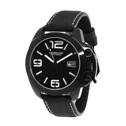 TOURBILLION WATCH COMPANY MODERN COLLECTION WATCH IP BLACK CASE BLACK DIAL WITH WHITE ARABIC NUMBERS AND INDEX WITH CROWN SAFTY LOCK AND BLACK GENUINE LEATHER STRAP
