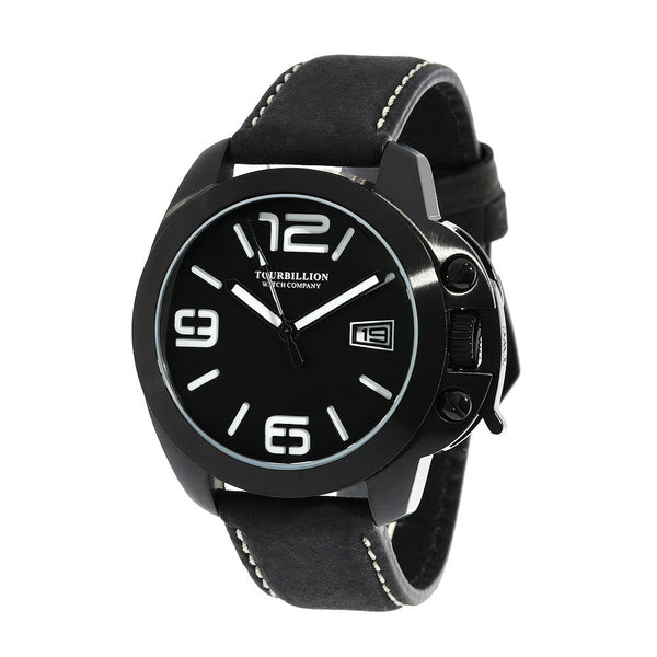 TOURBILLION WATCH COMPANY MODERN COLLECTION WATCH IP BLACK CASE BLACK DIAL WITH WHITE ARABIC NUMBERS AND INDEX WITH CROWN SAFTY LOCK AND BLACK GENUINE LEATHER STRAP