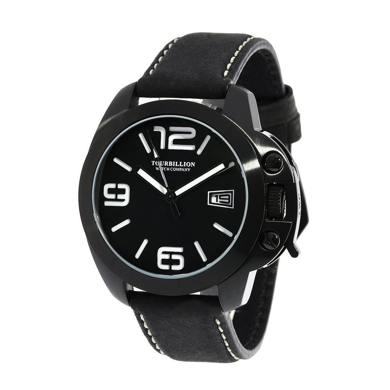 TOURBILLION WATCH COMPANY MODERN COLLECTION WATCH IP BLACK CASE BLACK DIAL WITH WHITE ARABIC NUMBERS AND INDEX WITH CROWN SAFTY LOCK AND BLACK GENUINE LEATHER STRAP