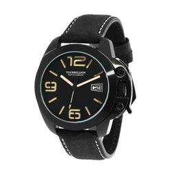 TOURBILLION WATCH COMPANY MODERN COLLECTION WATCH IP BLACK CASE BLACK DIAL WITH TAN ARABIC NUMBERS AND INDEX WITH CROWN SAFTY LOCK AND BLACK GENUINE LEATHER STRAP