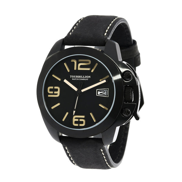 TOURBILLION WATCH COMPANY MODERN COLLECTION WATCH IP BLACK CASE BLACK DIAL WITH TAN ARABIC NUMBERS AND INDEX WITH CROWN SAFTY LOCK AND BLACK GENUINE LEATHER STRAP