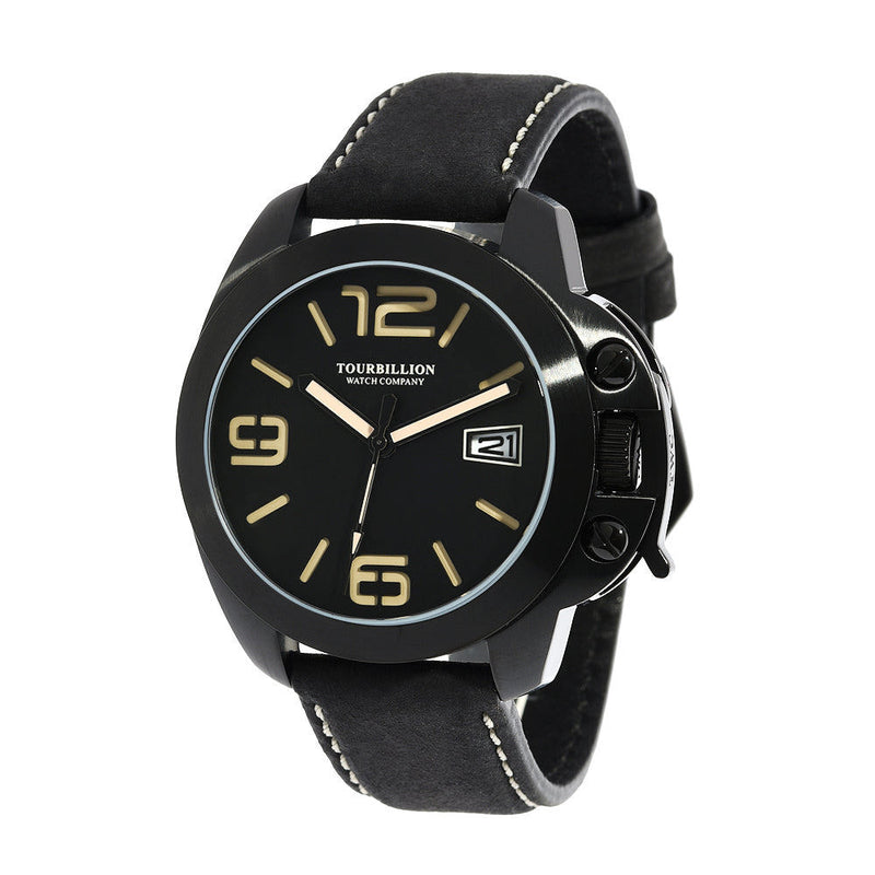 TOURBILLION WATCH COMPANY MODERN COLLECTION WATCH IP BLACK CASE BLACK DIAL WITH TAN ARABIC NUMBERS AND INDEX WITH CROWN SAFTY LOCK AND BLACK GENUINE LEATHER STRAP