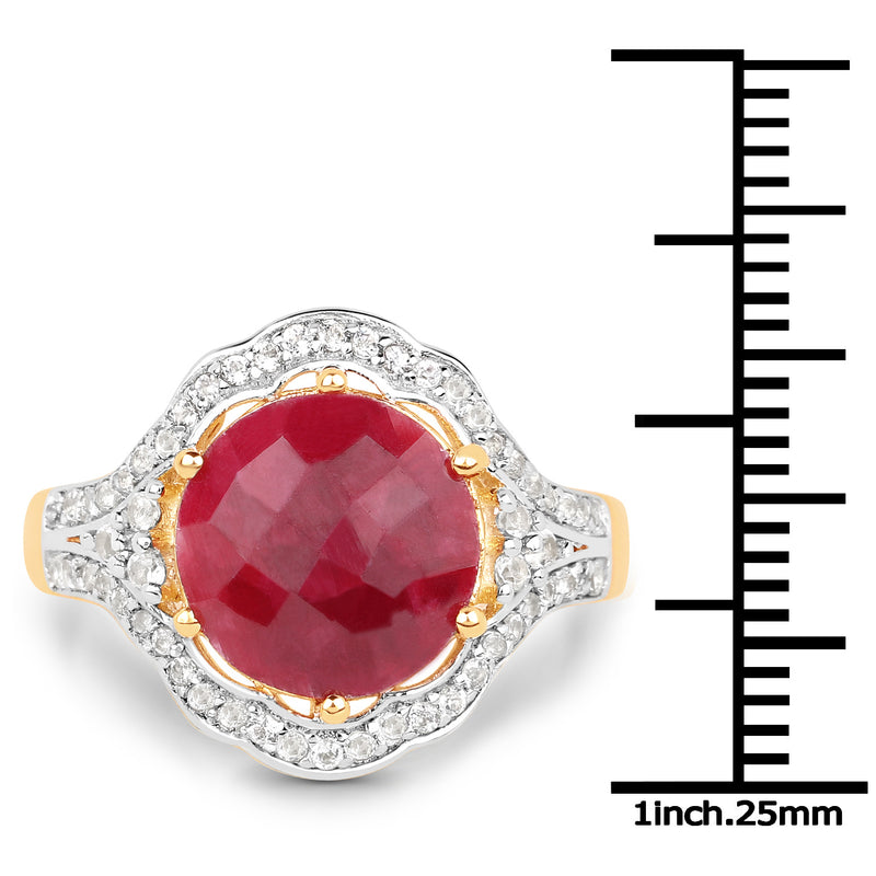 14K Yellow Gold Plated 6.91 Carat Dyed Ruby and White Topaz .925 Sterling Silver Ring