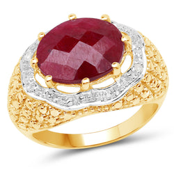 14K Yellow Gold Plated 5.27 Carat Dyed Ruby and White Diamond .925 Sterling Silver Ring