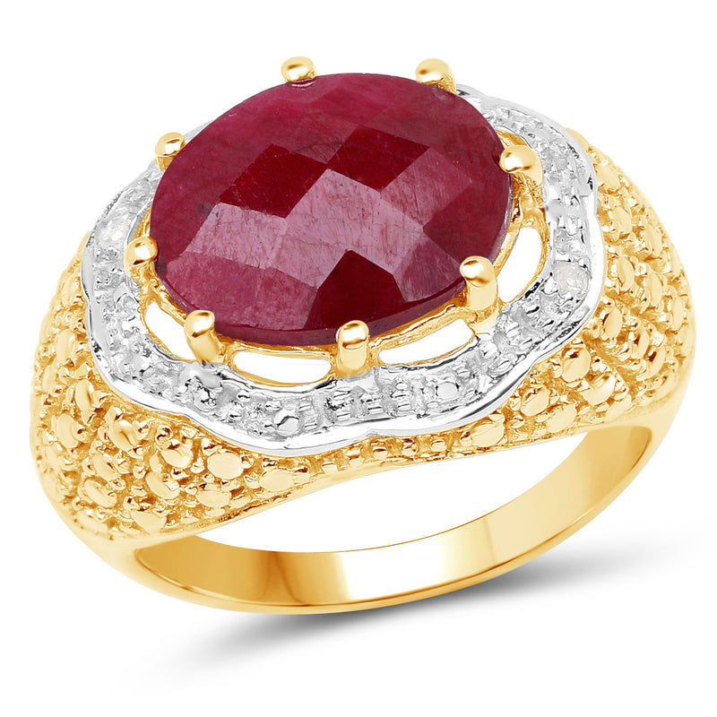 14K Yellow Gold Plated 5.27 Carat Dyed Ruby and White Diamond .925 Sterling Silver Ring