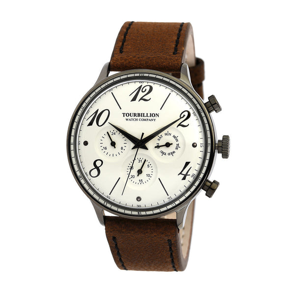 TOURBILLION WATCH COMPANY RETRO COLLECTION WATCH IP BLACK CASE WHITE DIAL WITH NUMBER & INDEX AND BROWN GENUINE LEATHER STRAP