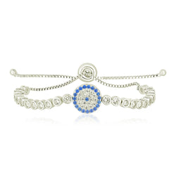 Sterling Silver Adjustable Enameled Eye Motif Bracelet with Cubic Zirconias