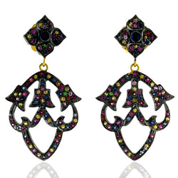 Studded Sapphire Gemstone Oxidized Drop/Dangle Earrings 925 Sterling Silver