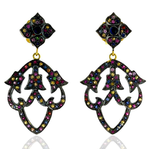 Studded Sapphire Gemstone Oxidized Drop/Dangle Earrings 925 Sterling Silver