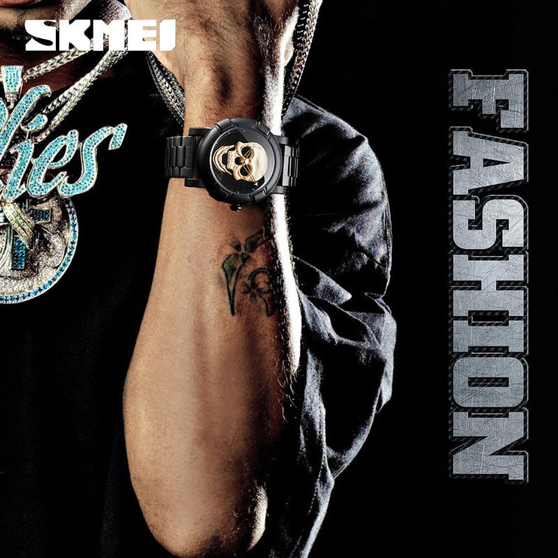 SKMEI Cool Sport Mens Watches Luxury Skull Watch Men 3Bar Waterproof Quartz Wristwatches Stainless steel strap Relogio Masculino